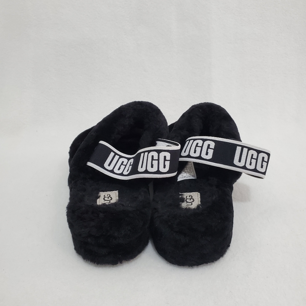 Ugg Oh Yeah Black/White Slingback Fur Slipper Sandals - Picture 4 of 6